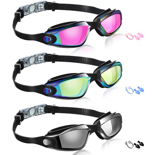 Flutesan 3 Pack Swimming Goggles for Adult Kids No Leaking Silicone Anti Fog Swim Glasses with Nose Clip Ear Plugs Pool Goggles 3 Colors(Classic Color 6.3 x 1.8 Inches)