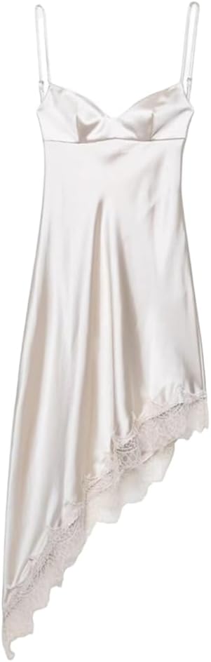 Women's Strappy Backless Lace Silk Satin Asymmetrical Hem Dress Asymmetrical Slip Lingerie