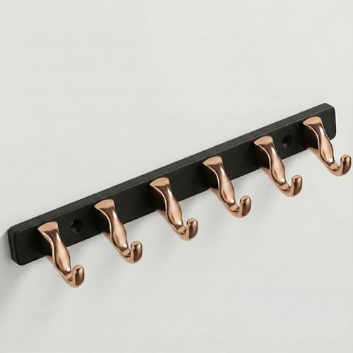 Image of 6 Hook Modern Bathroom Hooks for Hanging /Cloth Hooks for Door Back Side /Cloth Hanger for Wall (Rose Gold with Black) Pack of 2-| 3 Years Warranty |