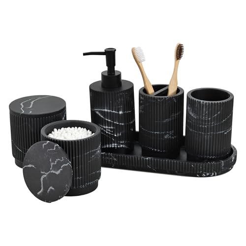 Sapisecret Badezimmer Set 6-TLG | Seifenspender + Zahnputzbecher mit Tablett & Wattestäbchenbox | Design Streifenmuster | Hochwertiges Polyharz | Schwarz Marmor Optik | Bruchsicher & Wasserdicht
