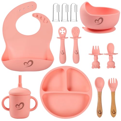 Image of Silicone Baby Feeding Set 13 Pcs,Baby Led Weaning Supplies, Baby Spoons Suction Bowl Divided Plate Bib Cup Finger Brush,First Stage Solid Food Eating Utensils - 6 Months + (Pink)