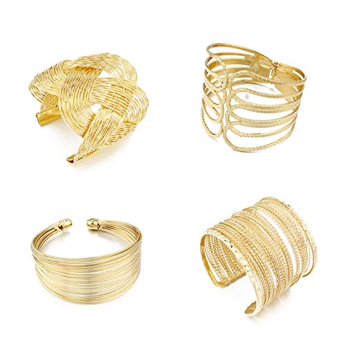 COLORFUL BLING Punk Hollow Gold Silver Tone 4Pcs Cuff Bangle Bracelet for Women Adjustable Smooth Open Wide Wire Wrap Bracelet Wrist Jewelry-Gold