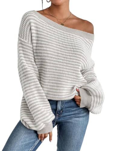 Women's 2024 Fall Winter Striped Sweater Long Sleeve Off Shoulder Loose Knit Pullover Tops