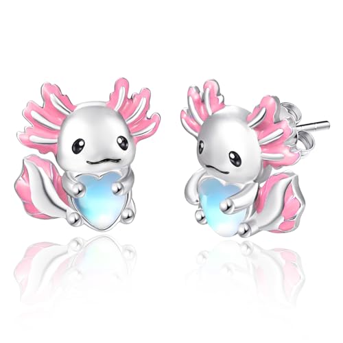 Dreamboat Cute Axolotl Stud Earrings for Women 925 Sterling Silver Moonstone Animal Jewelry Gifts for Axolotls Lovers