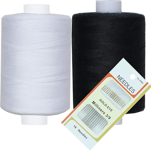 1000 Yards Polyester Thread, All Purpose Sewing Thread, Basic Sewing Kit with 16 PCS Hand Sewing Needles (1 Black and 1 White)