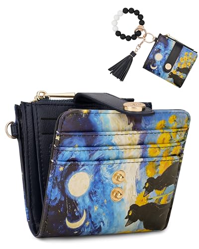Image of Keychain Wallet Wristlet for Women,RFID Small Cat Wallet for Women | Wallet Wristlet with Zipper Coin Pocket,Vegan Leather Card Wallets for Women, 2 ID Window,Gift