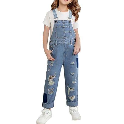Girls Jeans Overalls Straight Fashion Summer Sleeveless Denim Jumpsuits Teen Kids Cute Wide Leg (Blue-O, 9-10 Years)