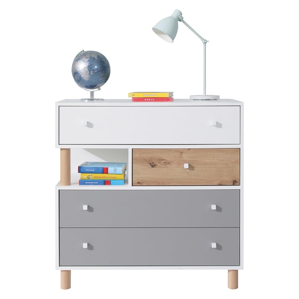 Lomadox Jugendzimmer Set 2-teilig mit 1 Kleiderschrank, 1 Kommode in weiß mit Eiche und grau