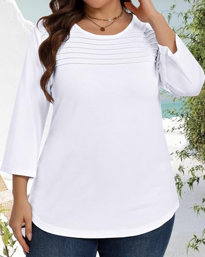 Plus Size Tops for Women 3/4 Length Sleeve Shirts Fall Pleated Blouses Round Neck Tunics Spring Clothes2