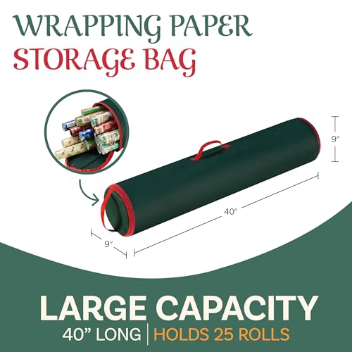Wrapping Paper Storage Bag - 40-Inch Gift Wrap Organizer - Holds Up to 25 Rolls of Giftwrap - Christmas Storage by Elf Stor (Green)