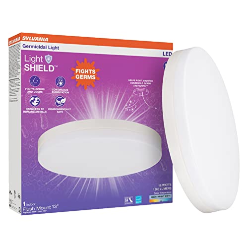Sylvania 13" Flush Mount Light Fixture with LightSHIELD Technology, Germicidal, 18W=100W, 1260 Lumens, Dimmable, 90 CRI, 3500K (Bright White), White (75749)