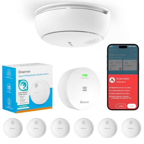 Heiman Rauchmelder 10 Jahre Batterie Vernetzt WLAN-Feuermelder mit App Steuerung & Magnethalterung, kompakter Mini-Rauchwarnmelder, Q-Label & EN 14604 Zertifiziert, 6er-Set mit Gateway