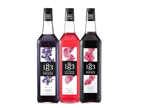 Image of 1883 Lavender, Rose, Hibiscus Syrups (Floral Flavors) for Coffee & Drinks - 1 Liter Glass Bottles (Pack of 3)