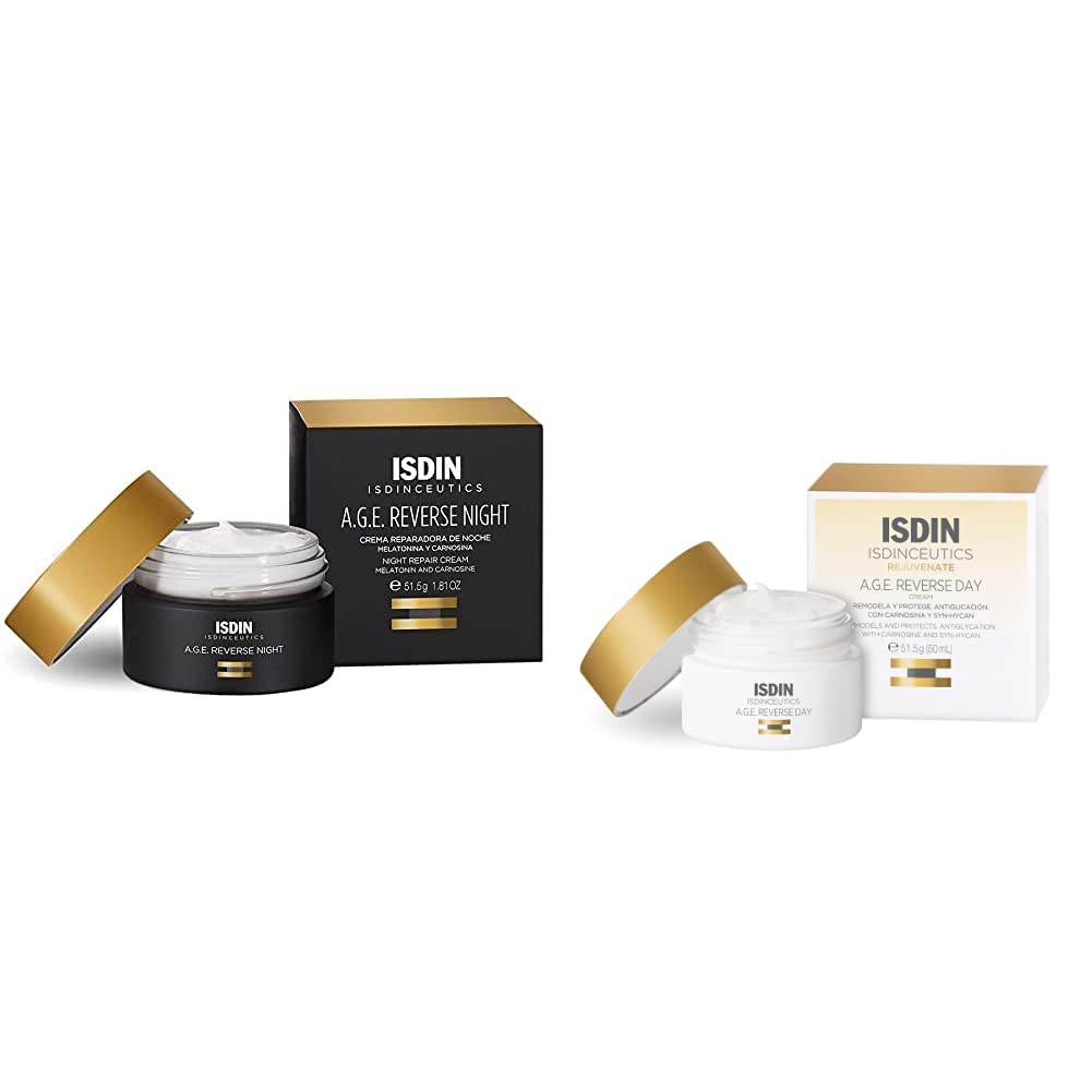 ISDIN Isdinceutics PACK A.G.E. Reverse - Crema Facial Antiedad facial de Triple Acción de Día + Crema Facial Reparadora de Noche con Melatonina Anti Aging, 50+50, 100ml