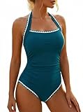 Hilor Retro Swimsuits for Women Underwire One Piece Bathing Suits Monokini Modest Swimwear Halter Swimming Suit Moroccan Blue 16