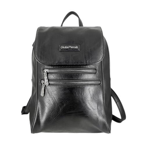 Giulia Pieralli Damen Rucksack Schwarz Kunstleder - Eleganter City Backpack mit Mehreren Fächern für Beruf Uni Alltag