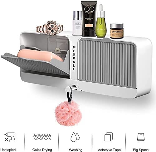 Image of Mforall Soap Box No-Drilling soap Box Wall-Mounted with Cover Double Grid-Asphalt Toilet Laundry soap New Box soap Box (2 Grid , Plastic, White)
