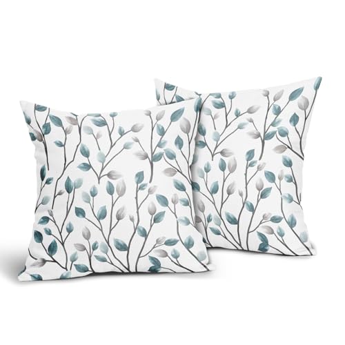 Teal and Gray Pillow Covers 20x20 Inch Set of 2 Aqua Blue and Grey Leaf Patterned Cotton Linen Decorative Throw Pillow Case Jacquard Cushion Covers for Bedroom Sofa Living Room Chair Home Decor