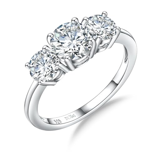 DAYBYDAY 3 Stone Engagement Rings for Women, Sterling Silver Lab Ruby/Sapphire/Emerald/Amethyst/Aquamarine Three-Stone Gemstone Wedding Promise Rings for Her, Wife Mom Anniversary Birthstone Jewelry