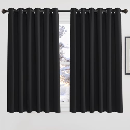 PONY DANCE Black Blackout Curtains for Bedroom Eyelet Thermal Insulated Curtains 54 Drop Extra Wide Drapes for Room Darkening / Privacy Protection, 2 Pieces, W90 X L54 Inch, Black