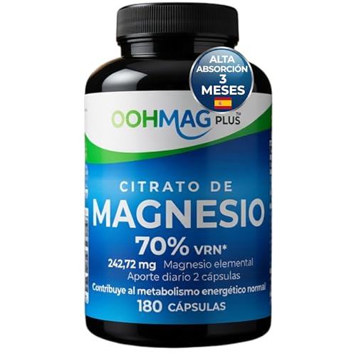 Citrato de Magnesio Alta Absorción | 3 Meses de Suministro | 180 Cápsulas Veganas | Reduce el Cansancio y la Fatiga | Músculos y Metabolismo Energético | Hecho en España | OOHMAG PLUS