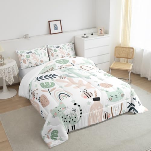 Image of Feelyou Cartoon Rainbow Kitten Print Comforter Set - Toddler Size, Kawaii Pet Cats and Flowers Duvet Set