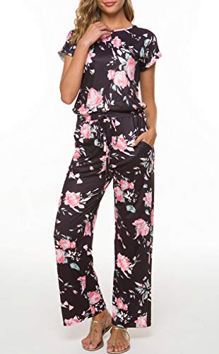 Richcoco Women's Floral Printed Jumpsuit Casual O Neck Loose Long Wide Legs Pants Jumpsuit Rompers With Pockets (Black Summer, Large) #TOP3