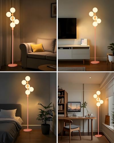 Image of Lightdot Dimmable Globe Floor Lamp, Retro Pink Pole Standing Lamps with 5PCS Bulbs Included, Mid Century Modern Floor Lamp with 5Lbs Heavy Base for Living Room /Bedroom /Sofa Beside /Corner Decor