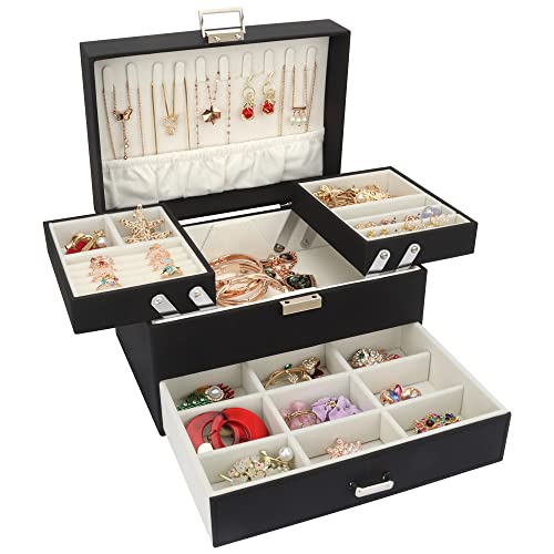 Casiwaft Boîte à Bijoux 3 Couches, Coffre à Bijoux Grand, Grand Organisateur de Bijoux avec tiroir pour Bracelets, Boucles d'oreilles, bagues, Colliers, Montres, Noir