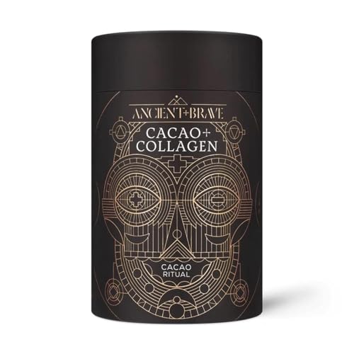 Ancient + Brave - Cacao + Collagen – Cacao Puro de Perú con Péptidos de Colágeno Hidrolizado en Polvo, 250 g - Colágeno Bovino Alimentado de Pastos – Con Ashwagandha y Baobab, Alto en Proteínas, Keto