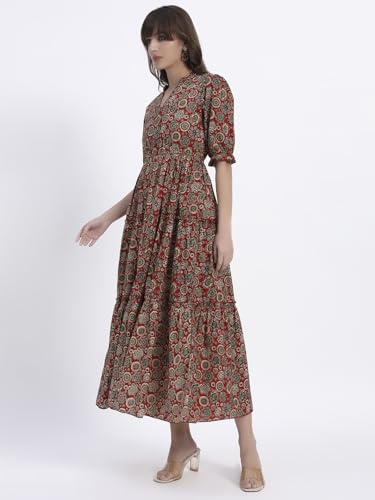 Image of Women's Fit and Flare Dress I Pure Cotton Long Summer Maxi Dress I V-Neck I Casual Wear I Printed Kalamkari Floral Middi