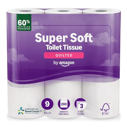 by Amazon Toilet Roll, 3-ply Quilted, Velvety Soft, 9 Rolls (1 Pack of 9), 200 Sheets per Roll, FSC Certified