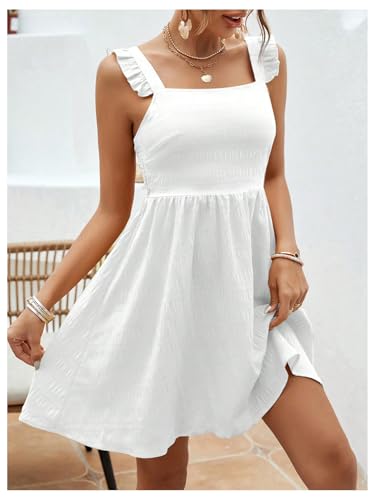 SweatyRocks Women's Ruffle A Line Short Dress Sleeveless Smocked Textured Vacation Flowy Dresses4