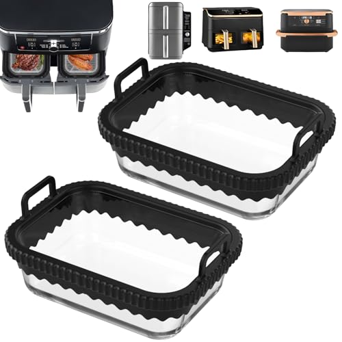 2 Stück Auflaufform Airfryer mit Herausnehmbarer Silikongriffen für Ninja AF400EU/DZ400EU/AF500EU für COSORI Heißluftfritteuse 2 Kammern Glas Airfryer Zubehör Spülmaschinenfest