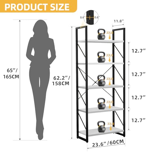 DWVO 5 Tier Bookshelf, White Bookase Storage Organizer, Modern Book Shelf Storage Rack Shelves for Bedroom, Living Room, Home Office, White