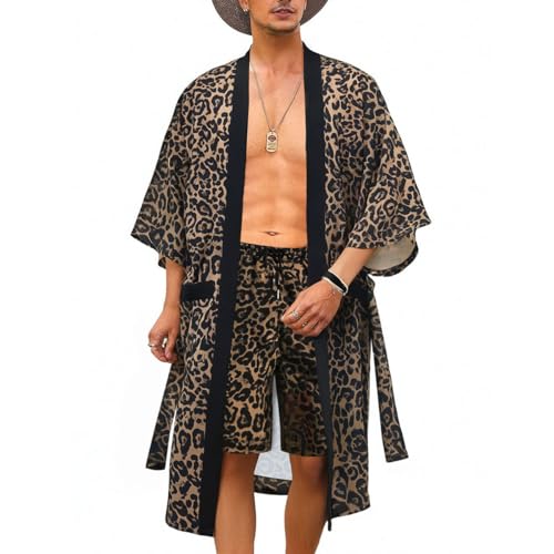HZCX FASHION Mens Lightweight 2 Piece Kimono Robe With Shorts Leopard Swim Bathing Suit Cover Up Long Cardigan Summer Outfits(Coffee,XX-Large)