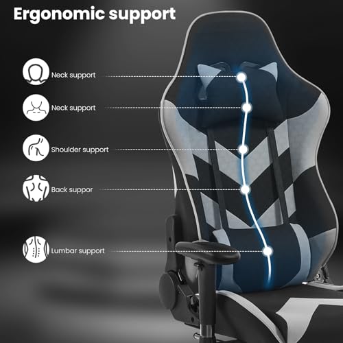 Sedia Gaming Tessuto Traspirante Ufficio Ergonomica con Poggiapiedi, Livestreaming Sedia Girevole Poltrona con Schienale & Sedile Grandi per Persone di Taglia Grande Nero+Grigio - Sedia gaming - Immagine 7