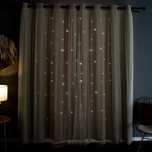 Image of Kinryb Kids Blackout Curtains for Bedroom/Living Room/Classroom, Sheer Overlay 72 Inches 2 Panel Set, Double Layer Curtains with Star Cutout for Kids Room(W 52 x L 72 Inches,Beige 2 PCs)
