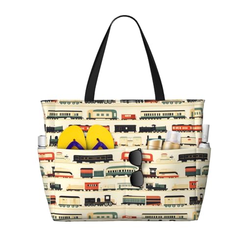 Large Beach Bags for Women Sandproof - Vintage Train Colorful Print Summer Travel Work Tote Bags with Zipper