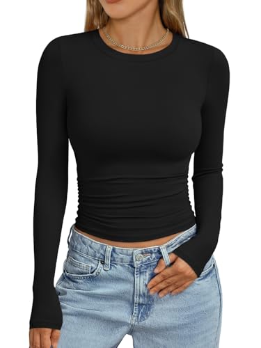 Trendy Queen Womens Long Sleeve Shirts Crop Tops Fall Fashion 2025 Going Out Basic Winter Clothes Black XS