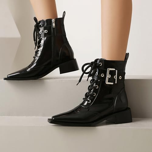 Women's Ankle Boots Square Toe Lace-up Black Buckle Boots Low Heel Side Zipper Short Bootie Casual Boots Dress comfy Boots.4