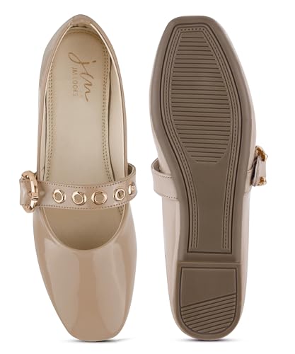 Image of JM LOOKS Modern Patent Mary Jane Flats Featuring Stylish Grommet Eyelet Straps and Adjustable Polished Metal Buckles