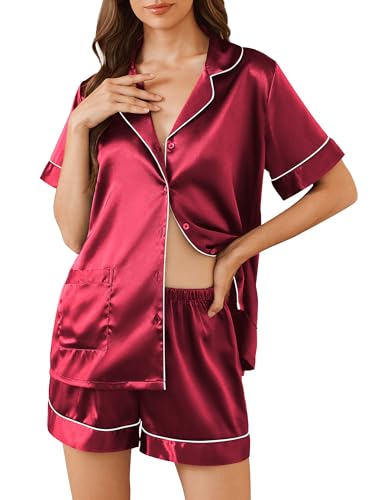 Image of Ekouaer Womens Silk Satin Pajama Sets Two Piece Loungewear Button Up Sleepwear Soft Nightwear Pjs Shorts Set Wine,Medium
