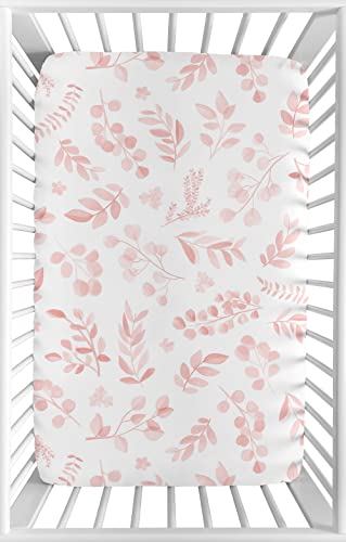 Image of Sweet Jojo Designs Blush Pink and White Floral Leaf Girl Fitted Mini Crib Sheet Baby Nursery for Portable Crib or Pack and Play Boho Chic Bohemian Watercolor Botanical Flower Woodland Tropical Garden