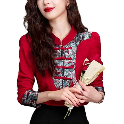 Chemise rouge femme col chinois GUOYUXIAO manches longues vêtement mode mi-saison chic