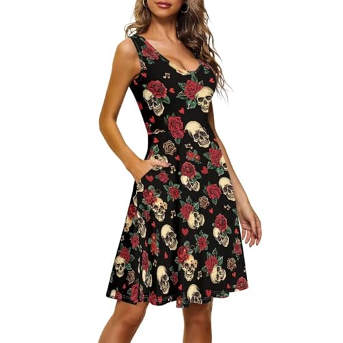 Image of Women Stylish Tank Dresses Sleeveless Round Neck Midi Casual Dress with Pocket for Summer