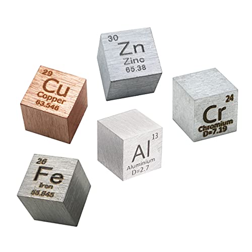 5 pezzi Set di Cubo in ferro,rame,alluminio,zinco cromo,CUBO DENSITÀ 10MM 99.99% Dati dell'elemento chimico incisi