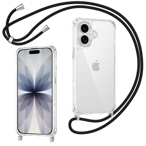 Coiwxmoi Cover per iPhone 17 con Cordino, Custodia Trasparente con Regolabile Collana Ultra Sottile Antiurto AntiGraffio TPU Silicone Bumper Protettiva Case con Laccio Tracolla per iPhone 17, Nero