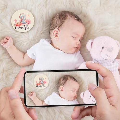 Image of Pregnancy and Baby Shower Gift, Baby Monthly Milestone Cards with Animal Print Milestone Wood Plates Includes Birth Notice Sign for Boy /Girl (SeaAnimals Print)