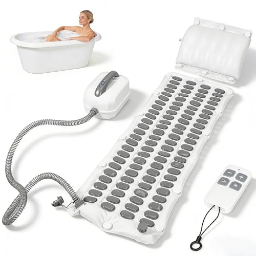 Full Body Bubble Bath Mat with Jets 30dB Ultra-Silent Motor & Warm Air System 6-Speed Electric Spa Massage Mat for Bathtub Bubble Shower Machine with Remote Control & Ergonomic Pillow (121.5x43cm)